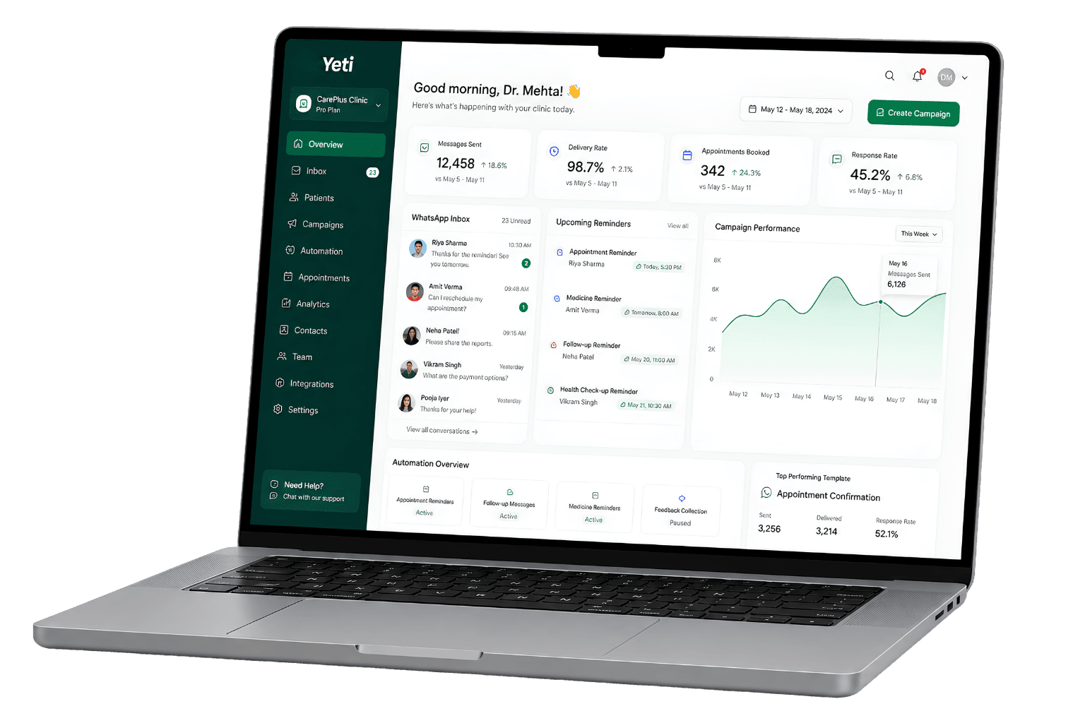 Laptop showing Yeti healthcare WhatsApp automation dashboard with clinic reminders, campaign analytics, inbox, and patient workflow views.